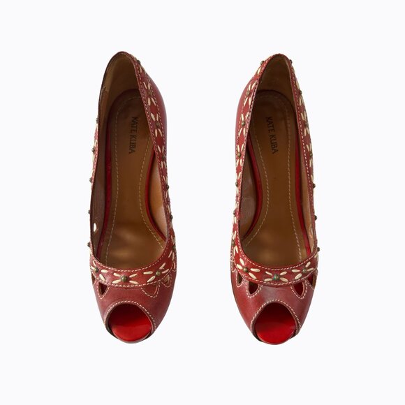 Vintage Kate Kuba Heels Sz 9/9.5 Italian Red Leather Open Toe Western Boho Y2K - Picture 2 of 11